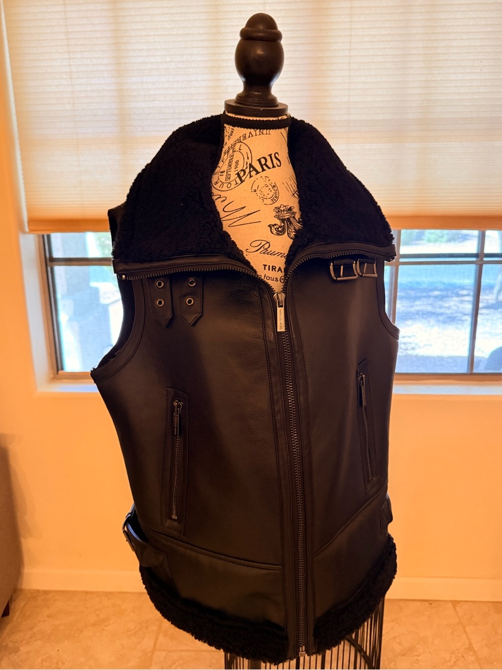 Michael Kors Black Sherpa Vest with Leather Trim
